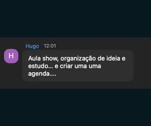 Hugo: Aula show, organização de ideia e estudo... e criar uma agenda.